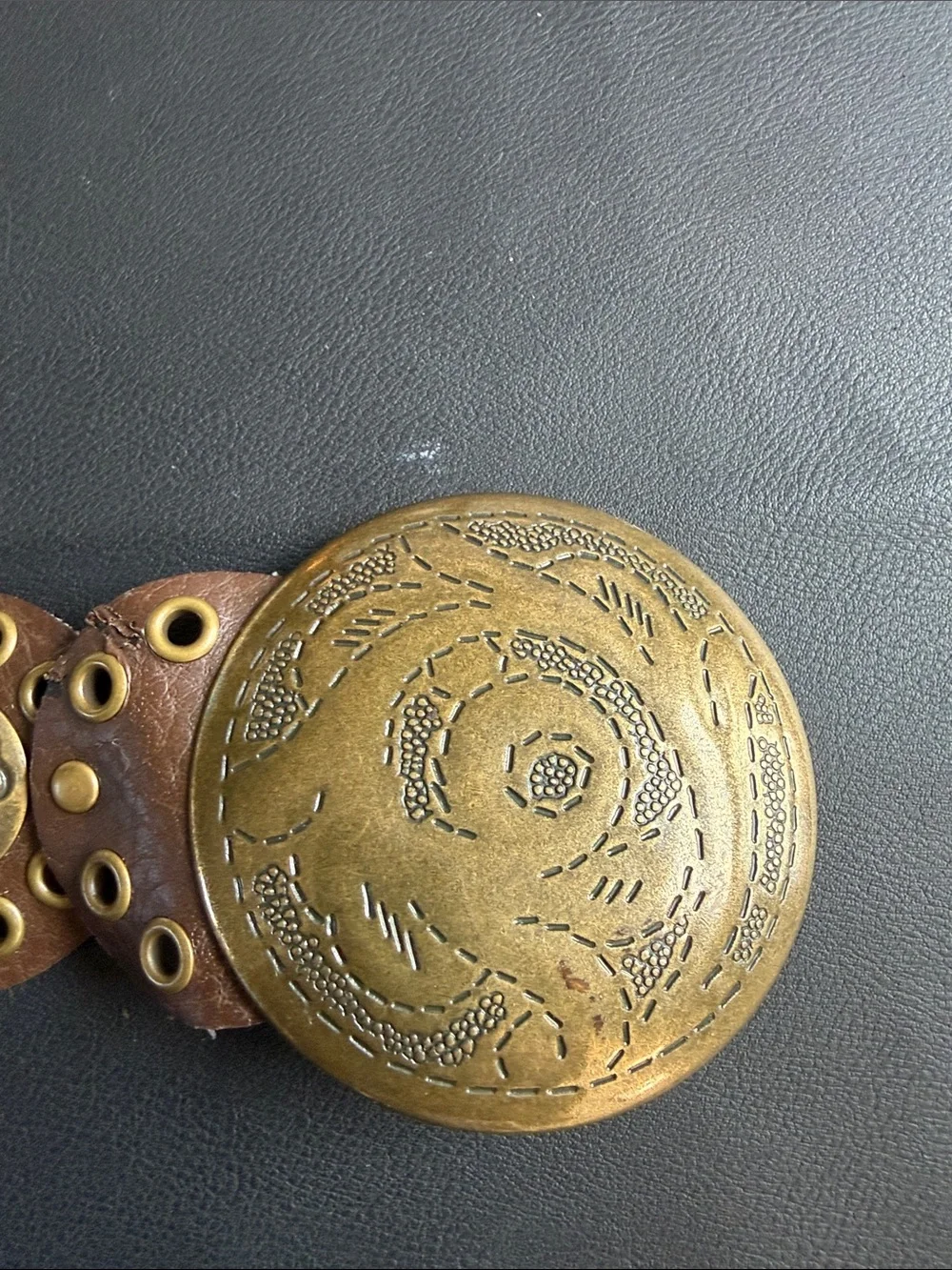 Brown Faux Leather Concho Disc Belt Brass Western Boho Statement